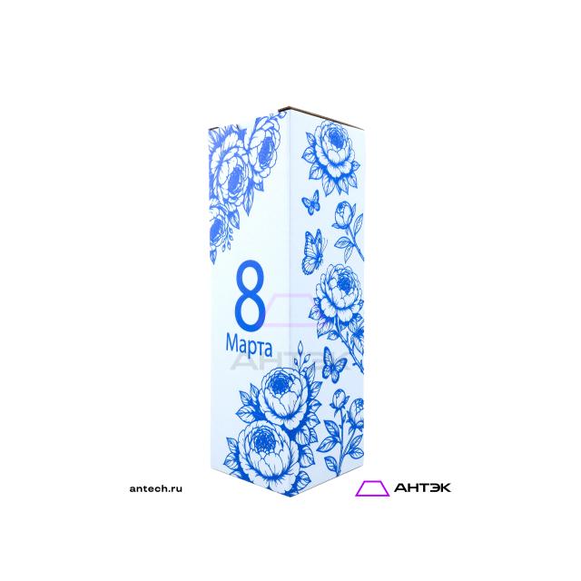Подарочная коробка 100х100х310 МГК к 8 марта с печатью Пионы синие