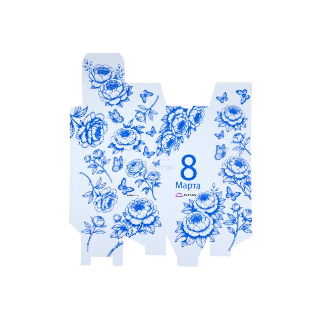 Подарочная коробка 100х100х310 МГК к 8 марта с печатью Пионы синие
