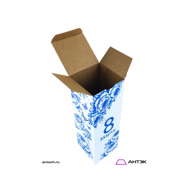 Подарочная коробка 100х100х310 МГК к 8 марта с печатью Пионы синие