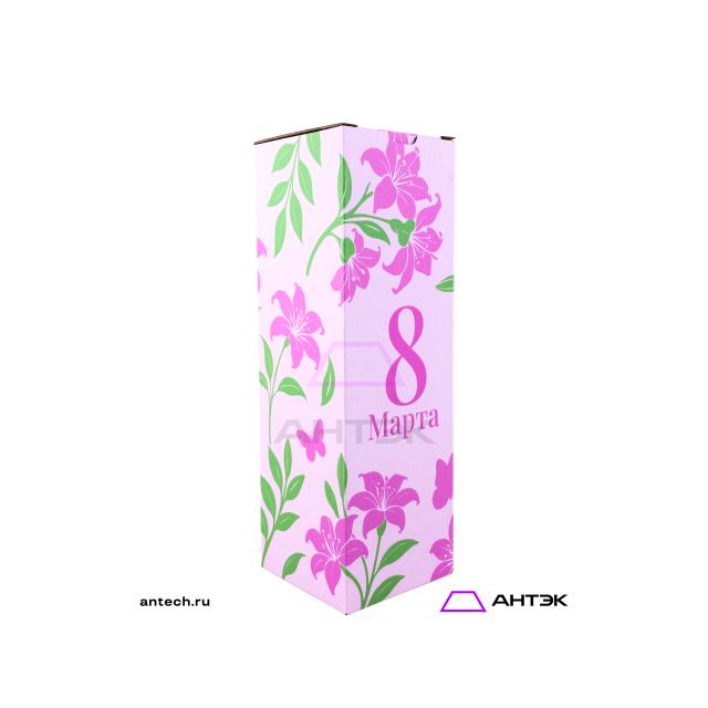 Подарочная коробка 100х100х310 МГК к 8 марта с печатью Цветы розовые