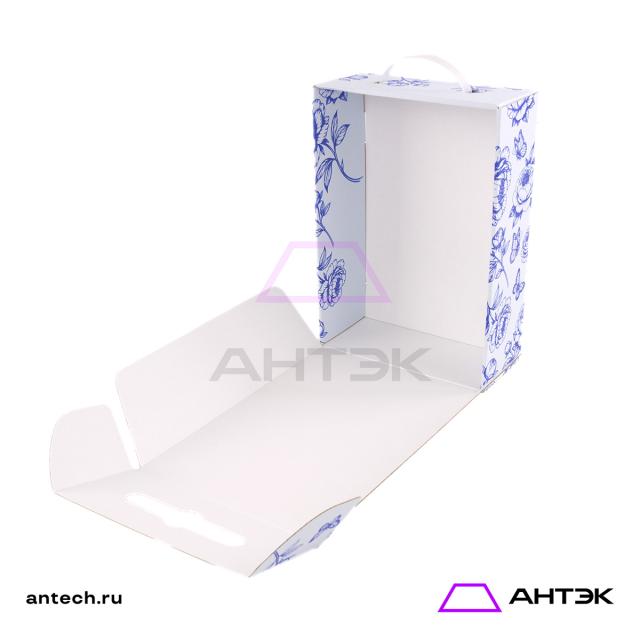 Подарочная коробка с ручкой 220х320х100 МГК с печатью "Синие пионы"