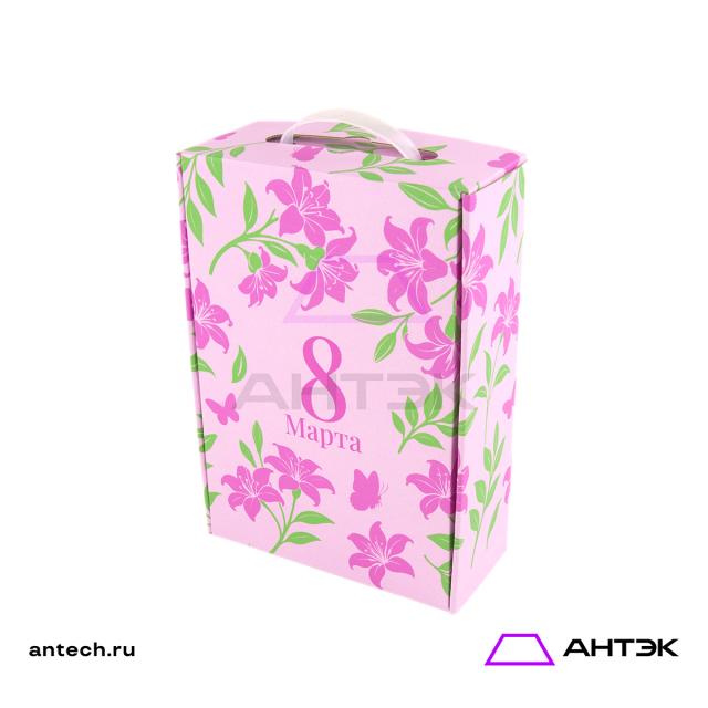 Подарочная коробка с ручкой 220х320х100 МГК с печатью "Розовые цветы"