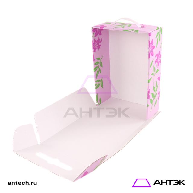 Подарочная коробка с ручкой 220х320х100 МГК с печатью "Розовые цветы"