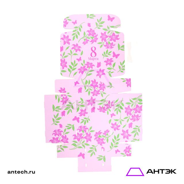 Подарочная коробка с ручкой 220х320х100 МГК с печатью "Розовые цветы"