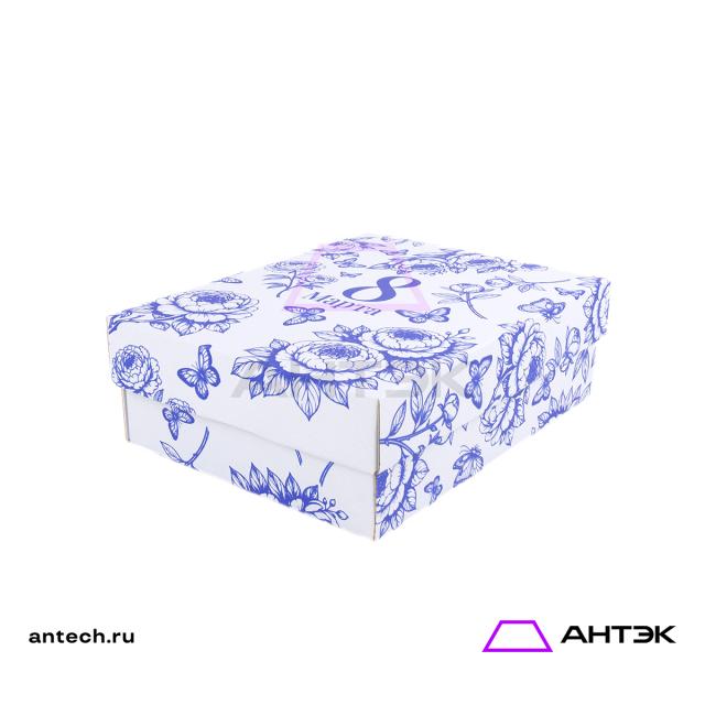 Подарочная коробка к 8 марта крышка-дно 270х215х90 МГК с печатью "Синие пионы"