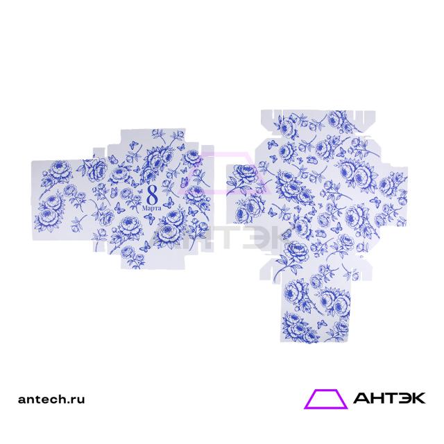 Подарочная коробка к 8 марта крышка-дно 270х215х90 МГК с печатью "Синие пионы"