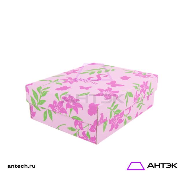 Подарочная коробка к 8 марта крышка-дно 270х215х90 МГК с печатью "Розовые цветы"