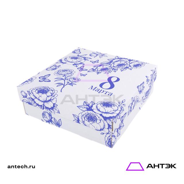 Подарочная коробка к 8 марта крышка-дно 300х300х100 МГК с печатью "Синие пионы"