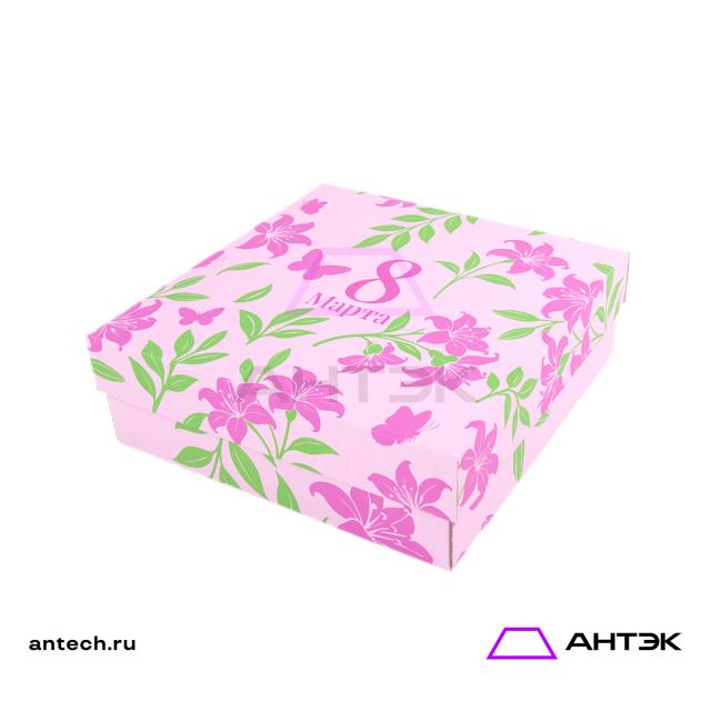 Подарочная коробка к 8 марта крышка-дно 300х300х100 МГК с печатью "Розовые цветы"