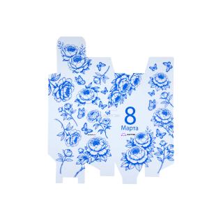 Подарочная коробка 100х100х310 МГК к 8 марта с печатью Пионы синие