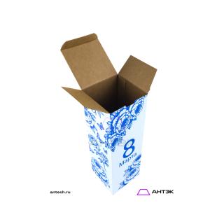 Подарочная коробка 100х100х310 МГК к 8 марта с печатью Пионы синие