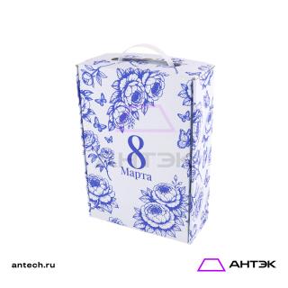 Подарочная коробка с ручкой 220х320х100 МГК с печатью "Синие пионы"