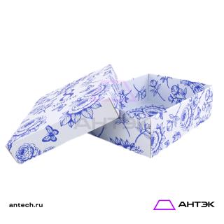 Подарочная коробка к 8 марта крышка-дно 270х215х90 МГК с печатью "Синие пионы"