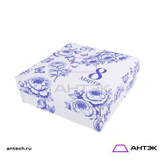 Подарочная коробка к 8 марта крышка-дно 300х300х100 МГК с печатью "Синие пионы"
