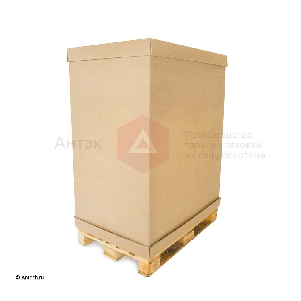1200 (Д) 800 (Ш) 1500 (В) Паллетная коробка из обечайки и двух лотков, гофрокартон бурый П−32BC, размеры внутренние 5