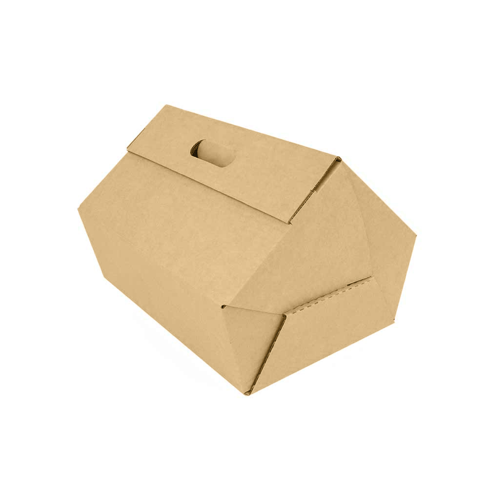 310 (Д) 215 (Ш) 220 (В) Самосборная пятигранная коробка с прорубной ручкой, гофрокартон бурый Т−24B, размеры внутренние